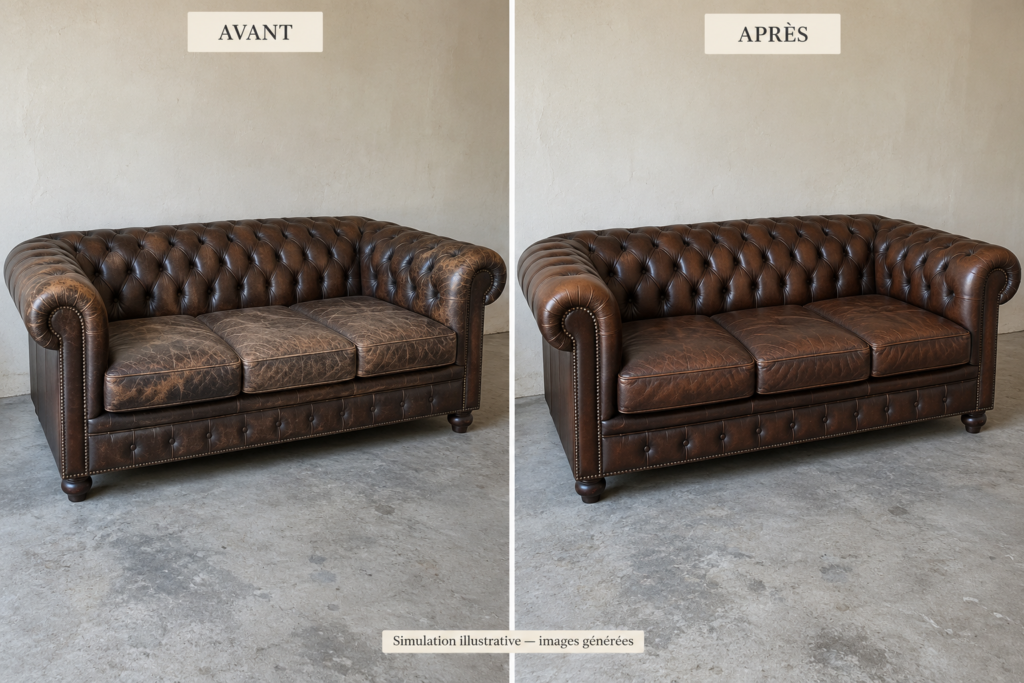 Simulation avant et après rénovation d’un canapé Chesterfield en cuir brun