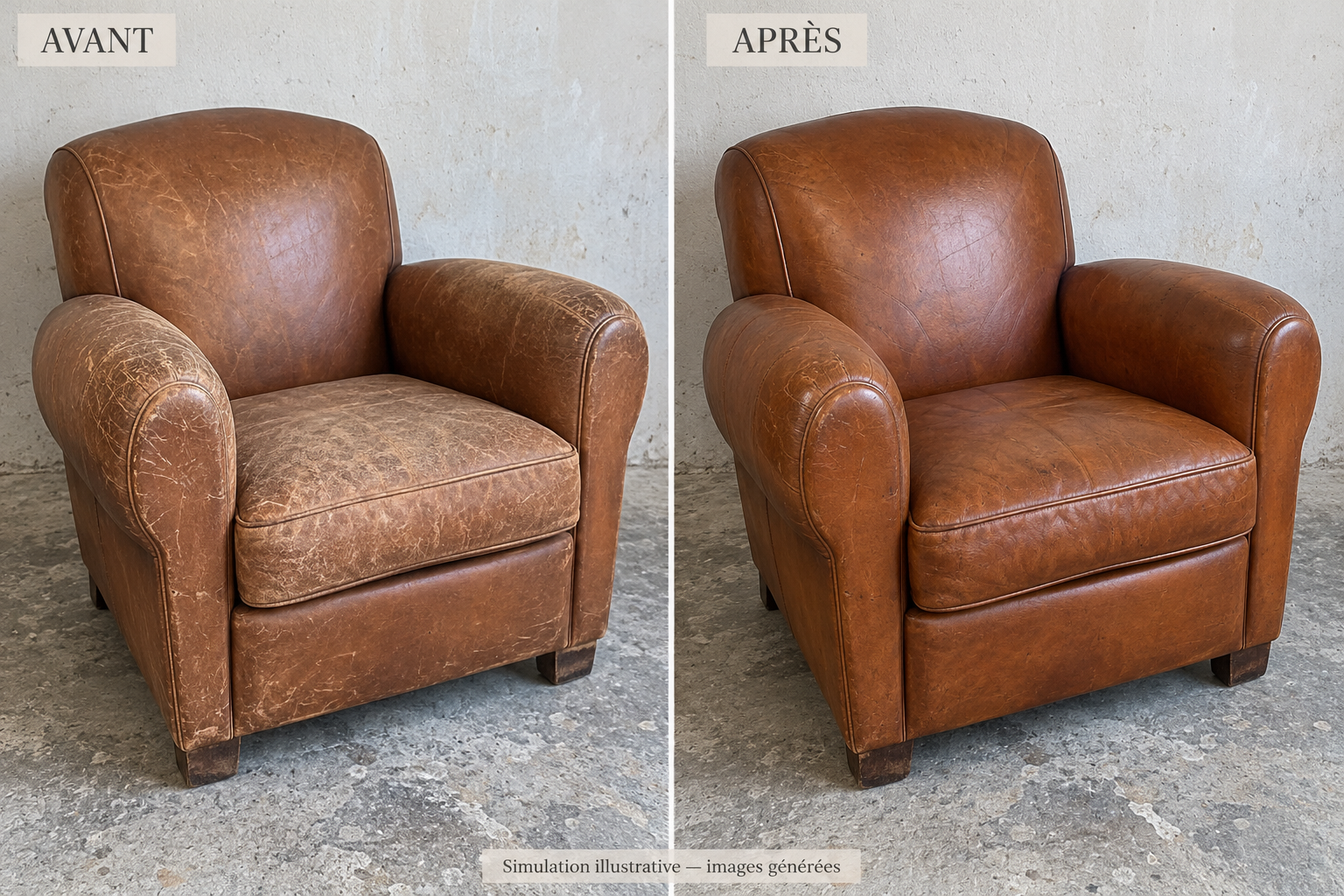 Simulation avant et après restauration d’un fauteuil Club en cuir brun, patine conservée